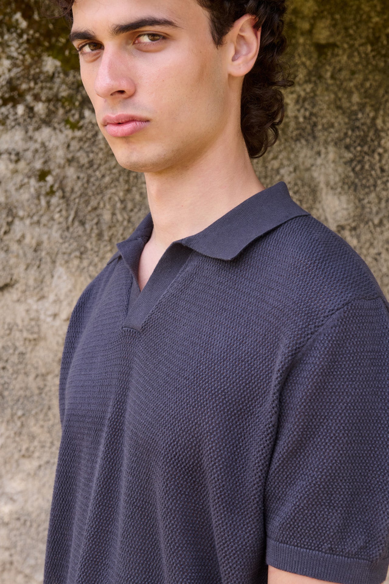 James Open Knit Polo, Grey – 33mm